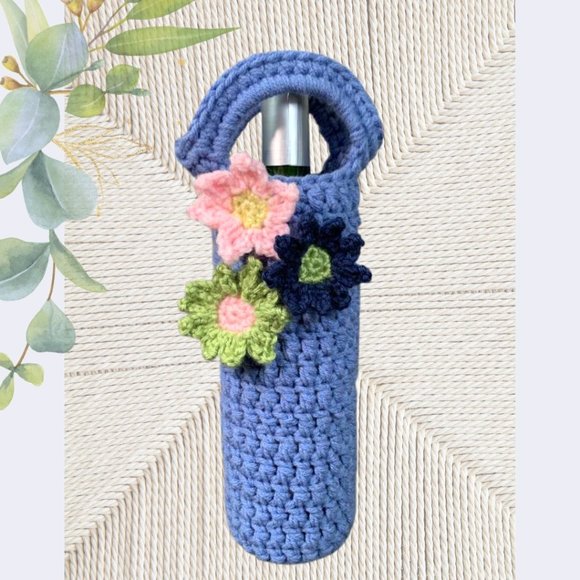 Wine Tote Wine Bag Cornflower Blue With Pink, Green, Dark Blue Flowers - Picture 1 of 3